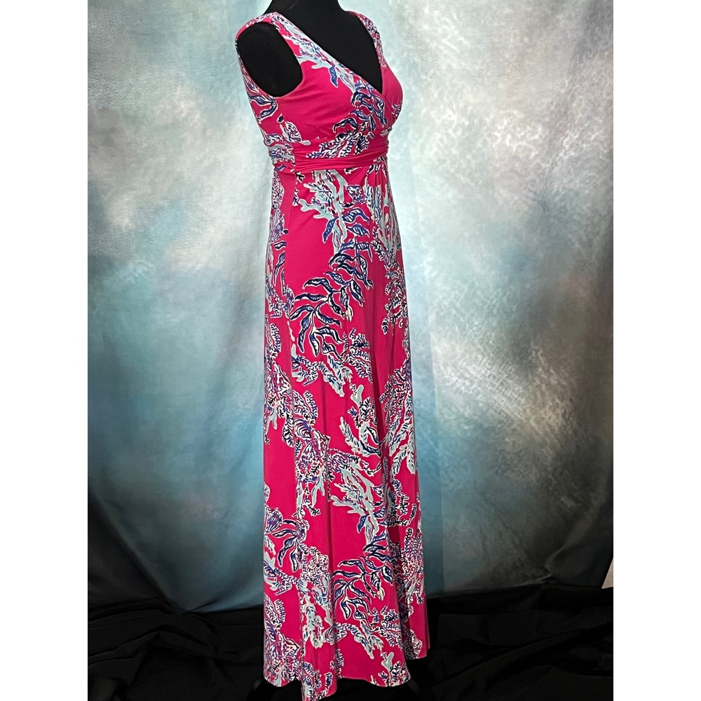 Lilly Pulitzer Sloane Pink Coral Reef Print XS Maxi Dress V-Neck Resort Gown - Picture 3 of 8